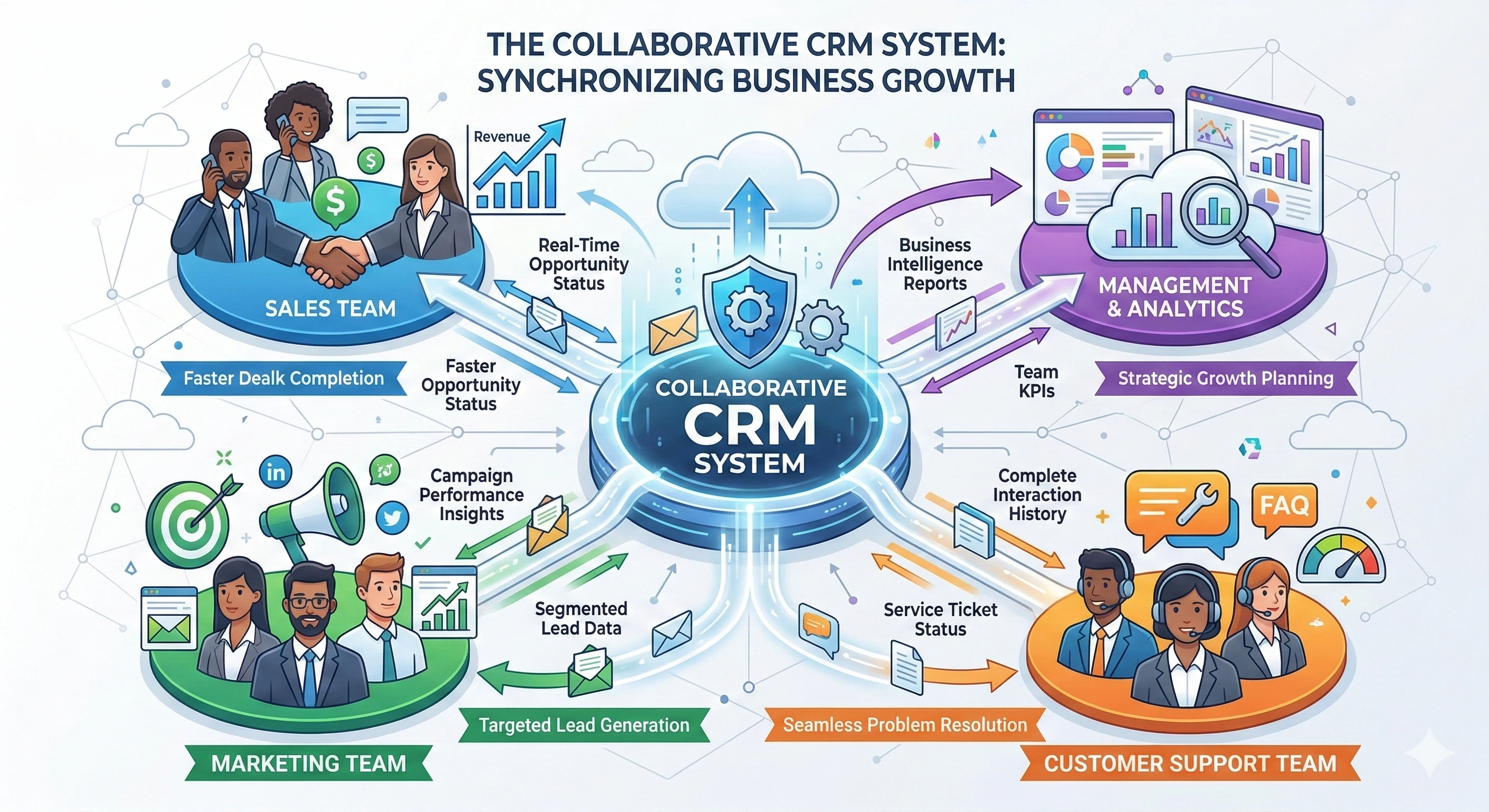 Infographic illustrating a Collaborative CRM System synchronizing sales, marketing, and support teams to improve customer interaction history and business growth.